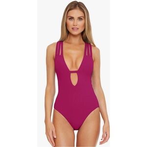 BECCA by Rebecca Virtue Skylar Plunge One Piece Swimsuit in Pomegranate Sz S NWT